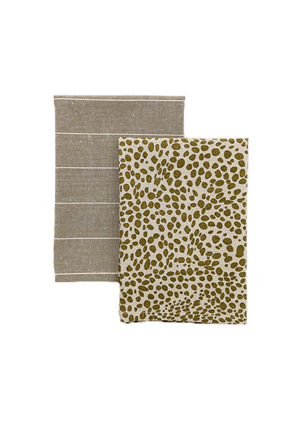Animal Print & Stripe Tea Towels in Khaki Green - Set of 2